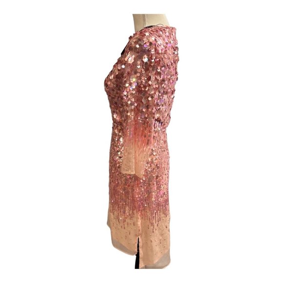Halston Heritage Pink Chiffon Sequin Dress Knee Length Sheer Lined Size 2 - Picture 2 of 11
